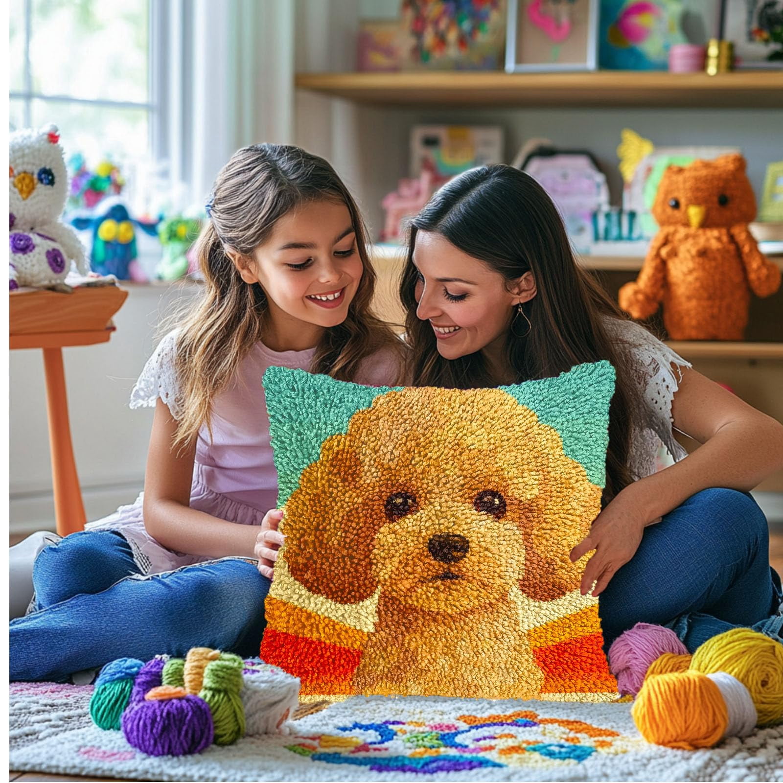 DIY Latch Hook Pillow Kits for Adults Cartoon Cute Poodle Dog Printed Pillowcase Crochet Yarns Hooking Handmade Pillow Cover Cushion for Home Sofa Decor 17x17inch(14)