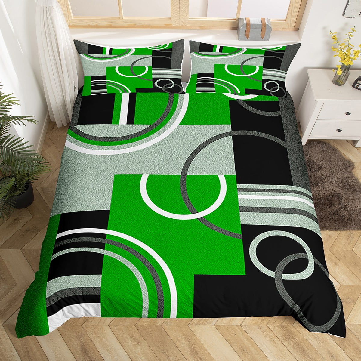 Green Black Grey Bedding Sets King Geometry Swirls Plaid Duvet Cover