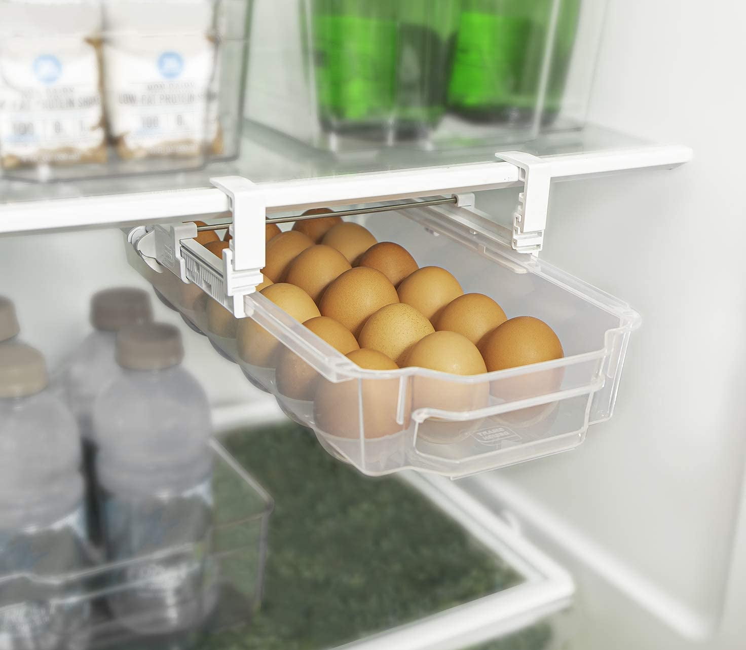 Smart Design Sliding Egg Drawer with Extendable Rails Set of 2 - Holds 18 Eggs Each - Adjustable Hooks - BPA Free - Clear Food Storage Container for Fridge or Freezer - Pull Out Organizer Bin