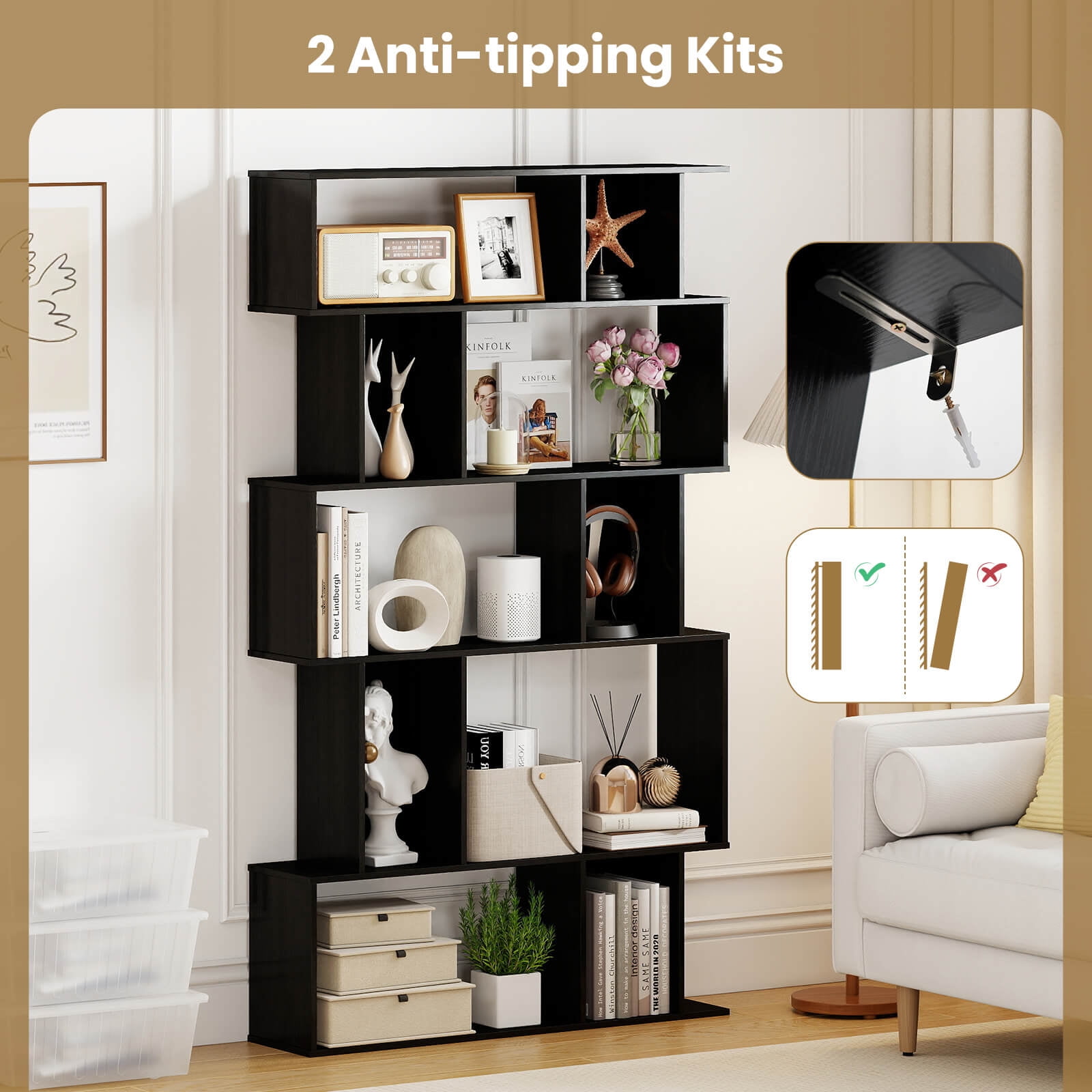 Costway 2 PCS 5-Tier Geometric Bookshelf with Open Shelves Closed-back Cubes for Living Room Black