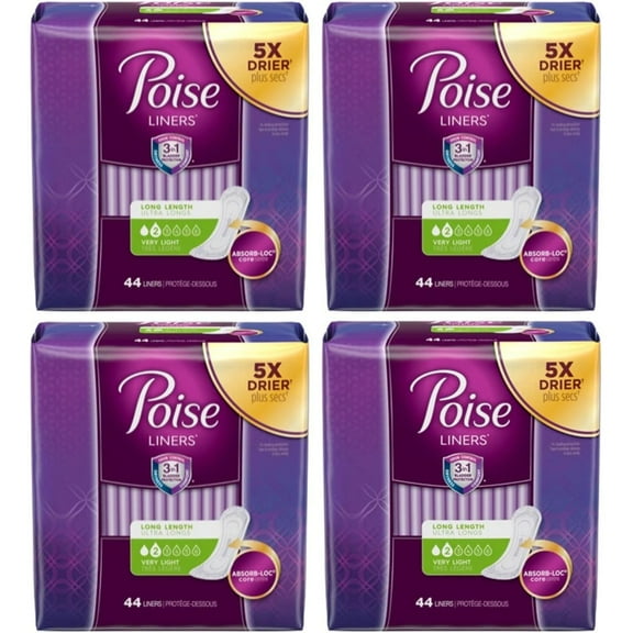 Poise Liners for Light Bladder Leakage, Long Length, Very Light Absorbency, 44 Count (Pack of 4)