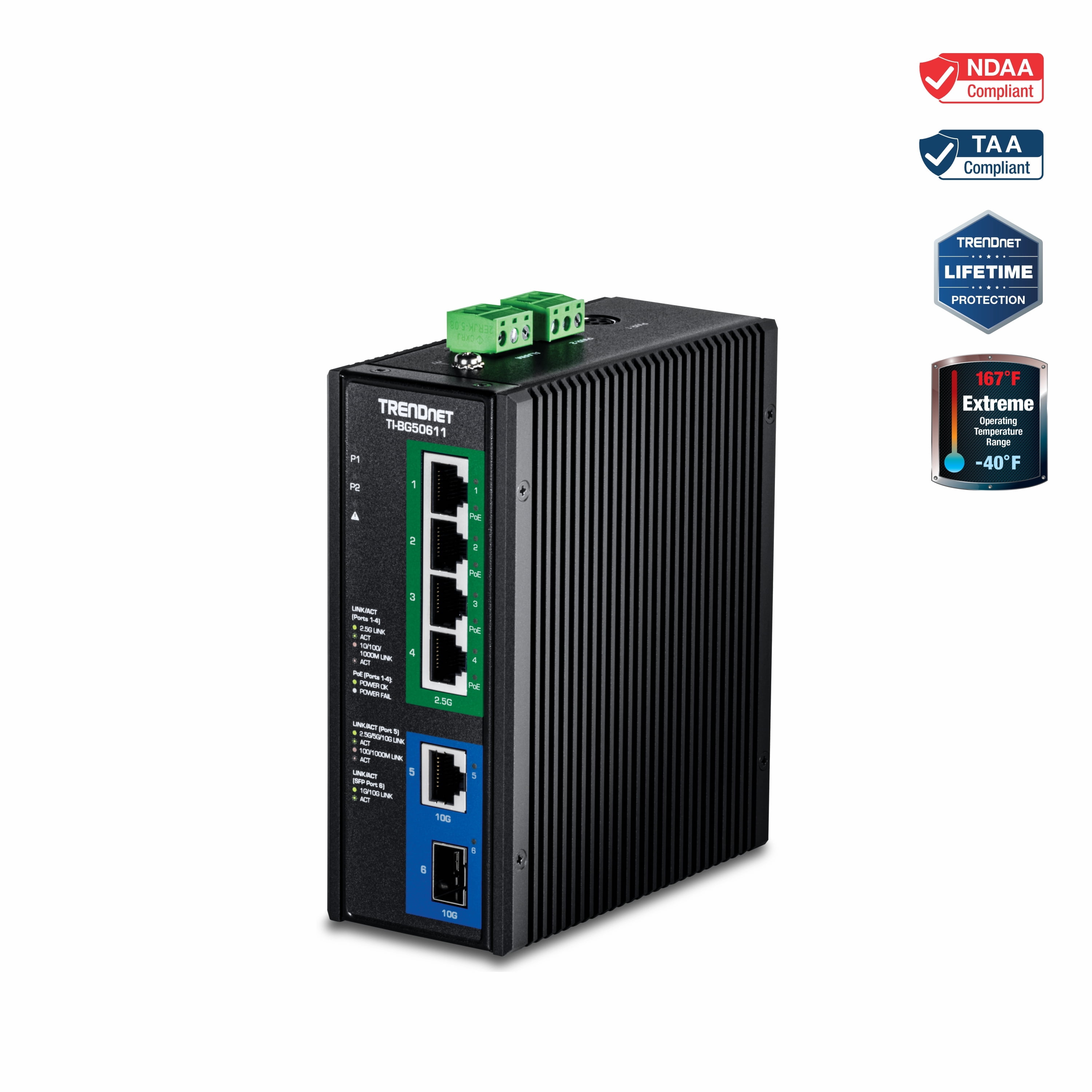 TRENDnet TI-BG50611,6-Port Industrial 2.5G PoE++ DIN-Rail Switch with 10G Ports