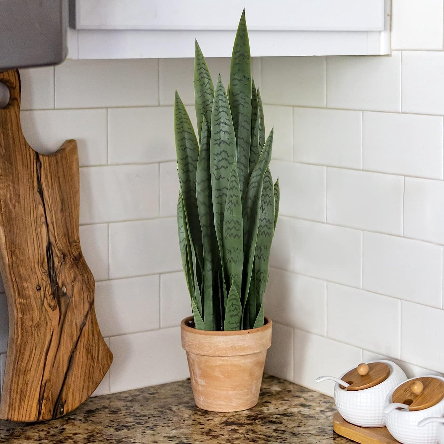 Garden 3ft Artificial Snake Plant Fake Sansevieria Indoor Outdoor, 28 Thick Leaves Lifelike Faux Silk Plant, Home Decor Mother in Law Tongue Plant 35in, with Black pot & Dry Moss Included, Green