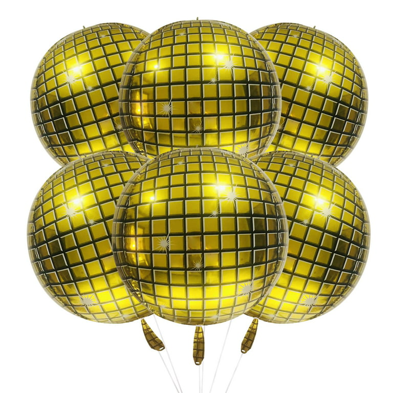 6Pack Gold Disco Ball Balloons Disco Golden Balloon Balls Decor 70s Party Decorations 22 inch Mirror Metallic Large 4D Foil Helium Orbz Ballons for