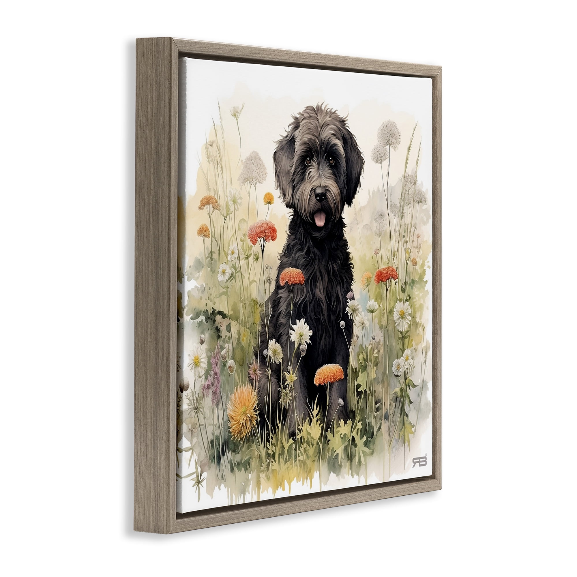 Stupell Industries Black Terrier in Meadow Animals & Insects Painting Brown Floater Framed Canvas Art Print Wall Art, 18 x 18