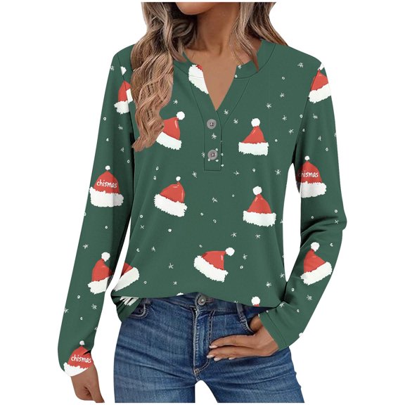 Women’s Long Sleeve Christmas Top Oversized Cute Printed Xmas Blouse Stretchy Baggy Tunic Henley Neck Sparkly Dressy Casual Soft Festival Top for Winter Holiday Outfits