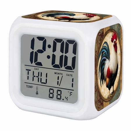 Rooster Digital Alarm Clock for Bedrooms, Smart LED Alarm Clock with 7 Color Changing Night Light, Vintage Rustic Farmhouse Style Oil Painting Silent Wake Up Clocks for Sleep Study Cooking 3.2x3.2