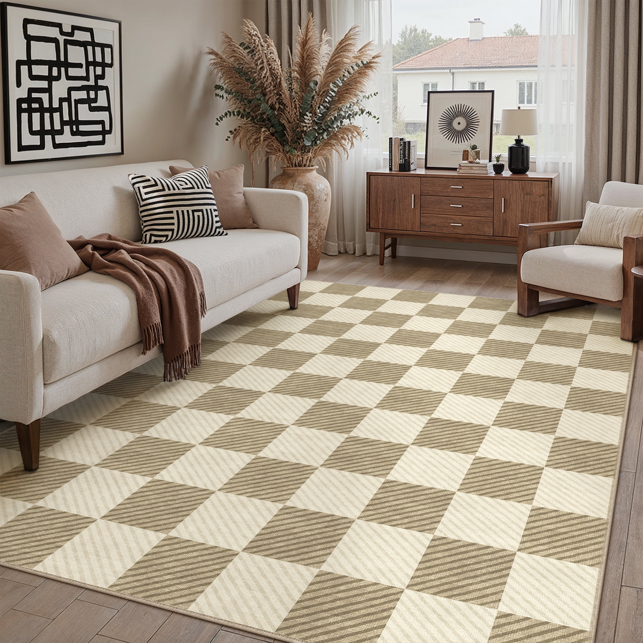 WIPONKEN 5'x7' Area Rugs for Living Room Modern Checkered Brown Rugs for Bedroom Kitchen Non Slip Washable Geometric Contemporary Carpets for Home Office Dining Room Throw Rugs