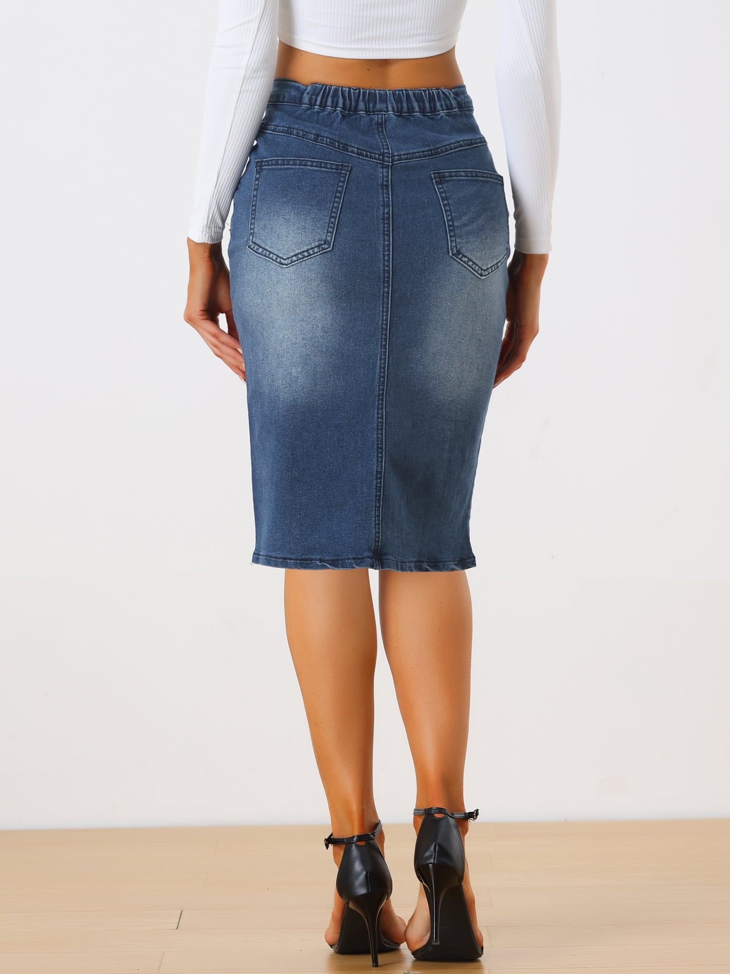 DARING DIVA Women's Split Front Denim Bodycon Midi Skirt L Dark Blue