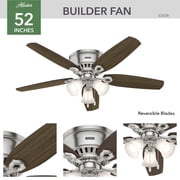 Hunter 52 inch Indoor Ceiling Fan with LED Lights - Ceiling Fan with Pull Chain, For Bedroom, Living Room, or Kitchen, Low Profile Mount, No Remote, 5 Blades - Builder 53328, Brushed Nickel