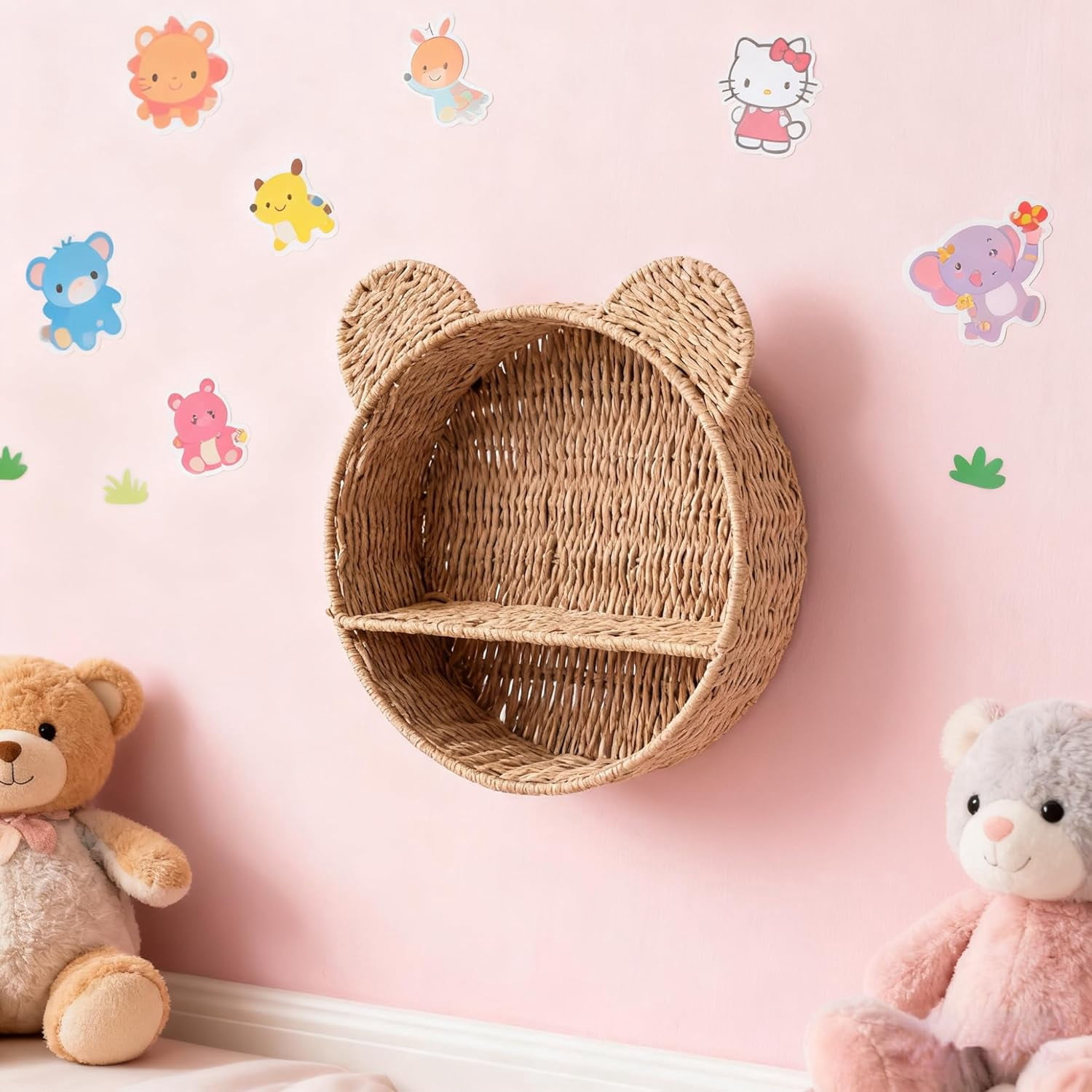 12.6-inch Bear Rattan Shelf, Handwoven Wicker Rack Round Shelf for Wall, Wall-Mounted Floating Display Shelf Organizer for Small Books, Toys & Decor