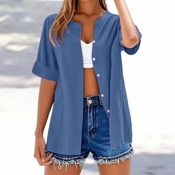 BLOCLOALO T-Shirts Button Down Shirts Summer Tops for Women Trendy Sleeveless Cotton Linen Tank Top Casual Button V Neck Tunic Blouses Blouses Casual Cotton Blouse Oversized Tshirts for Women Blue S