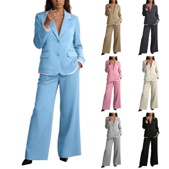 Purcolt Womens 2 Piece Pant Suit Elegant Casual Lapel Long Sleeve Blazer High Waist Wide Leg Trousers Formal Business Work Office Matching Set