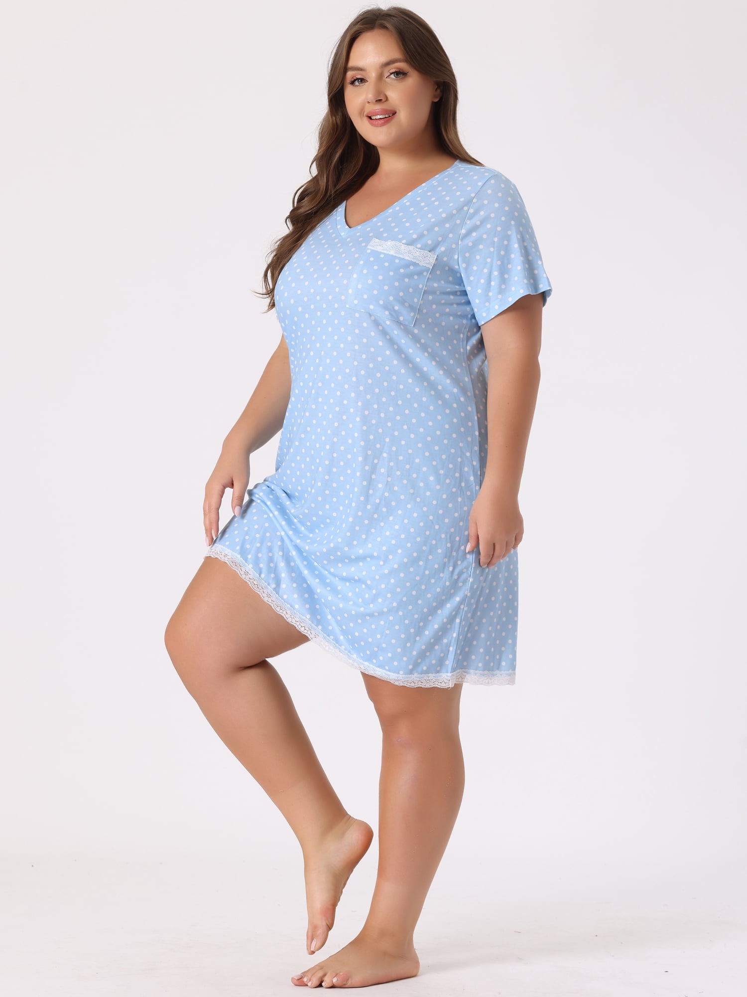 DARING DIVA Women's Plus Size Soft Short Sleeve Lace Trim Pajama Dress 2X Light Blue