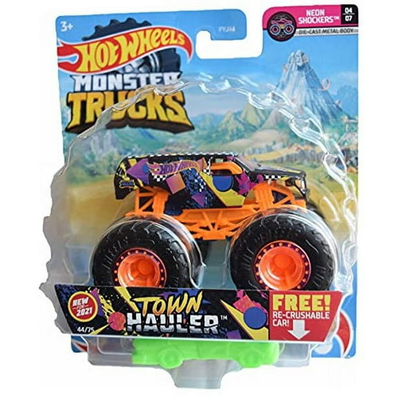 Hot Wheels Monster Trucks Town Hauler Neon Shockers 1:64 Scale Includes Re-Crushable Car