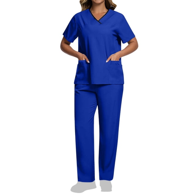 Womens Scrub Set With 10 Pockets Modern Fit Lightweight Stretch V-Neck Top And Cargo Pant Color Block Nursing Uniform Set Dark Blue
