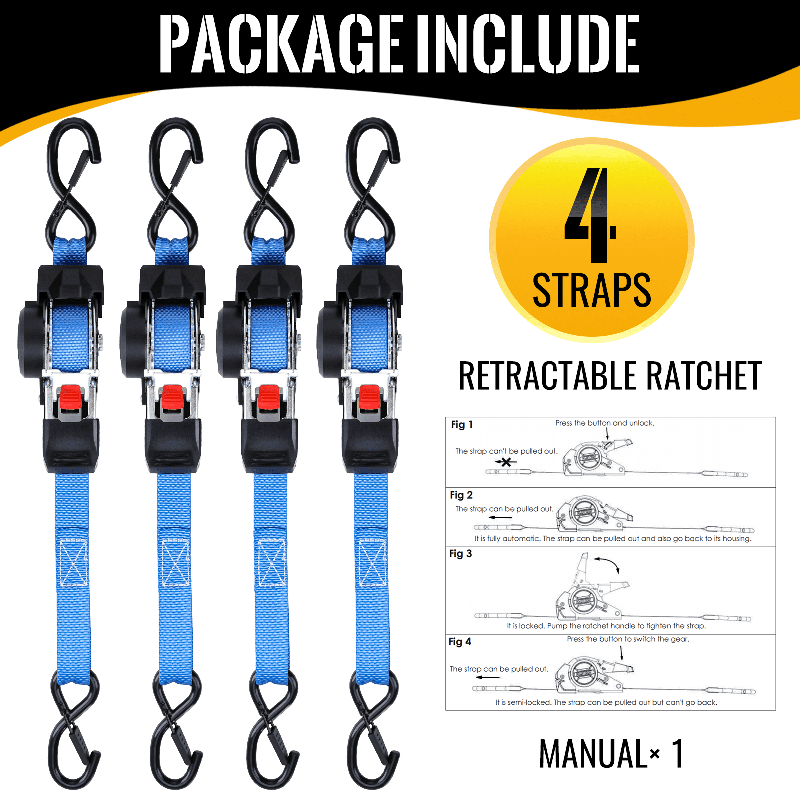 TLGREEN Retractable Ratchet Straps, 4Pack,1” x 10’ 1650lb Break Strength Heavy Duty Auto Self Retracting Tie Down Straps for Truck, Cargo, Motorcycle, ATV, UTV,Boat (Blue)