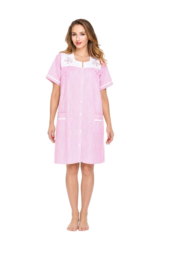 Women's Snap Front Lightweight Housecoat | Short Sleeve House Dress Duster Lounger Robe with Pockets | Cotton Poly Knit, Mid Calf | Pink Stripe 4X