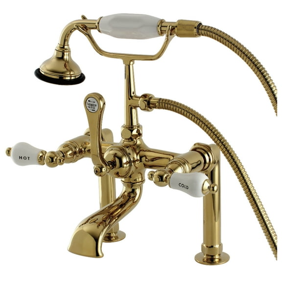 Kingston Brass AE107T2 Aqua Vintage 7" Center Deck-Mount Clawfoot Tub Faucet with Hand Shower, Polished Brass