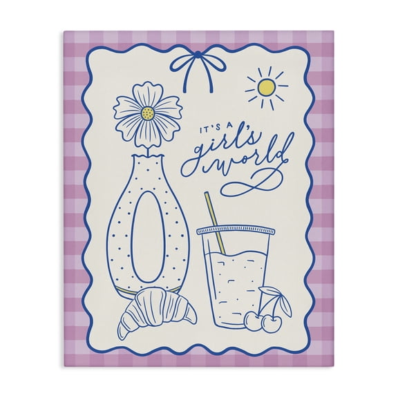 Stupell Industries Girl's World on Plaid Food & Beverage Painting Wrapped Canvas Art Print Wall Art, 16 x 20