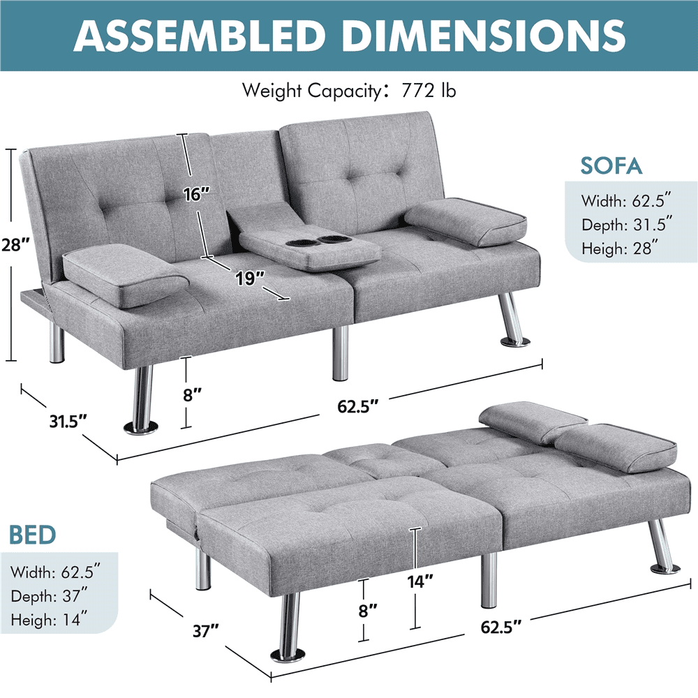 Renwick Fabric Upholstered Convertible Futon Sofa Bed with Cup Holders and Pillows, Light Gray