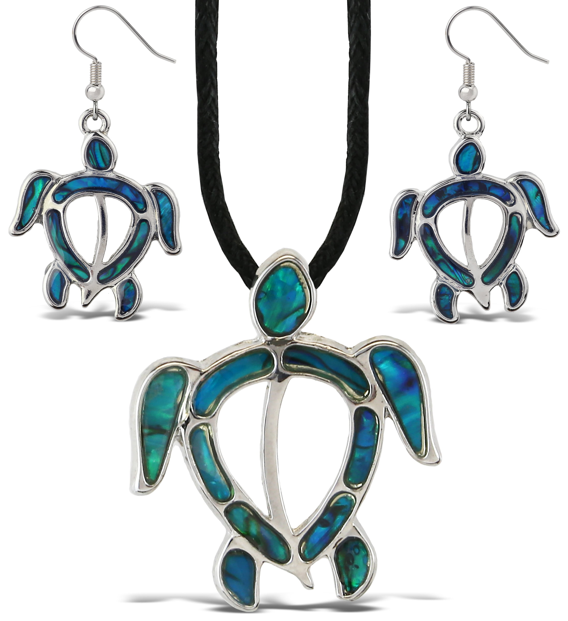 Aqua79 Sea Turtle Necklace & Earrings Jewelry Set - Silver Pendant with Black Cord Necklace & Dangle Hook Earrings Made with Natural Paua Abalone Shell for Daily, Casual & Formal Events - 18 Inch