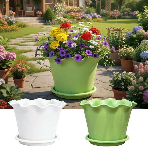 Ireezec Ruffled Plastic Flower Pot with Wave Edge, Lily Style Decorative Planter for Indoor Outdoor Plants, Lightweight Container with Matching Tray, 7.87x5.71inch