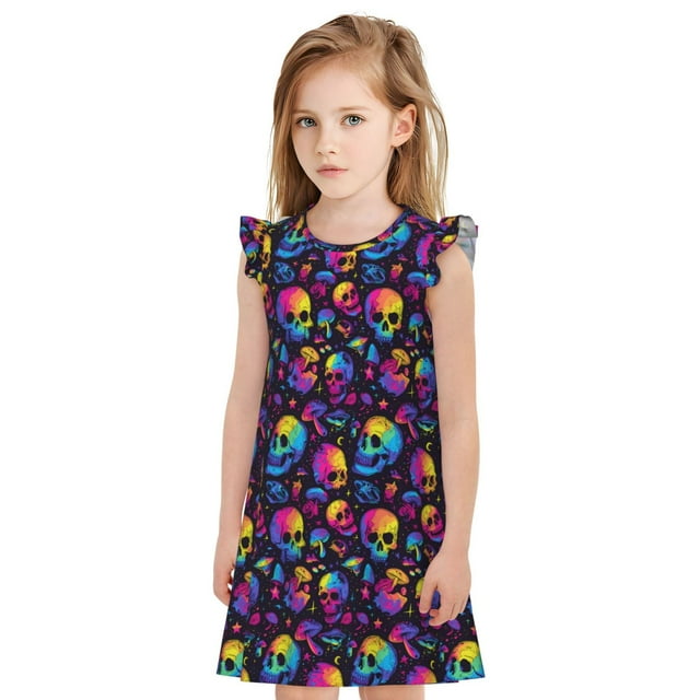 Vsdgher Champignon Arc-en-Ciel Couleur Crâne pour Filles Chemises de Nuit Tout-Petits Manches Courtes Volantées Nuisette Robe de Nuit Tenue de Sommeil Pyjamas pour Fête Pyjama-X-Grand