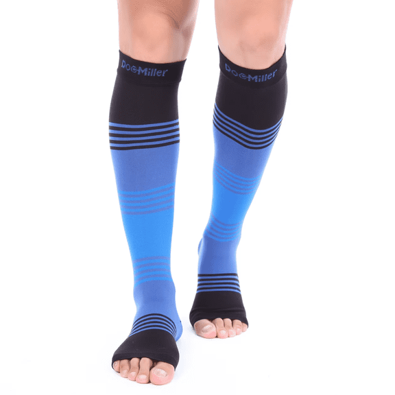 Open Toe Compression Socks, 20-30 mmHg, Toeless Compression Sleeves for Legs, Knee High Stockings for Shin Splints, Varicose Veins, Travel, Black/Blue/Blue, Large Size, 1 Pair