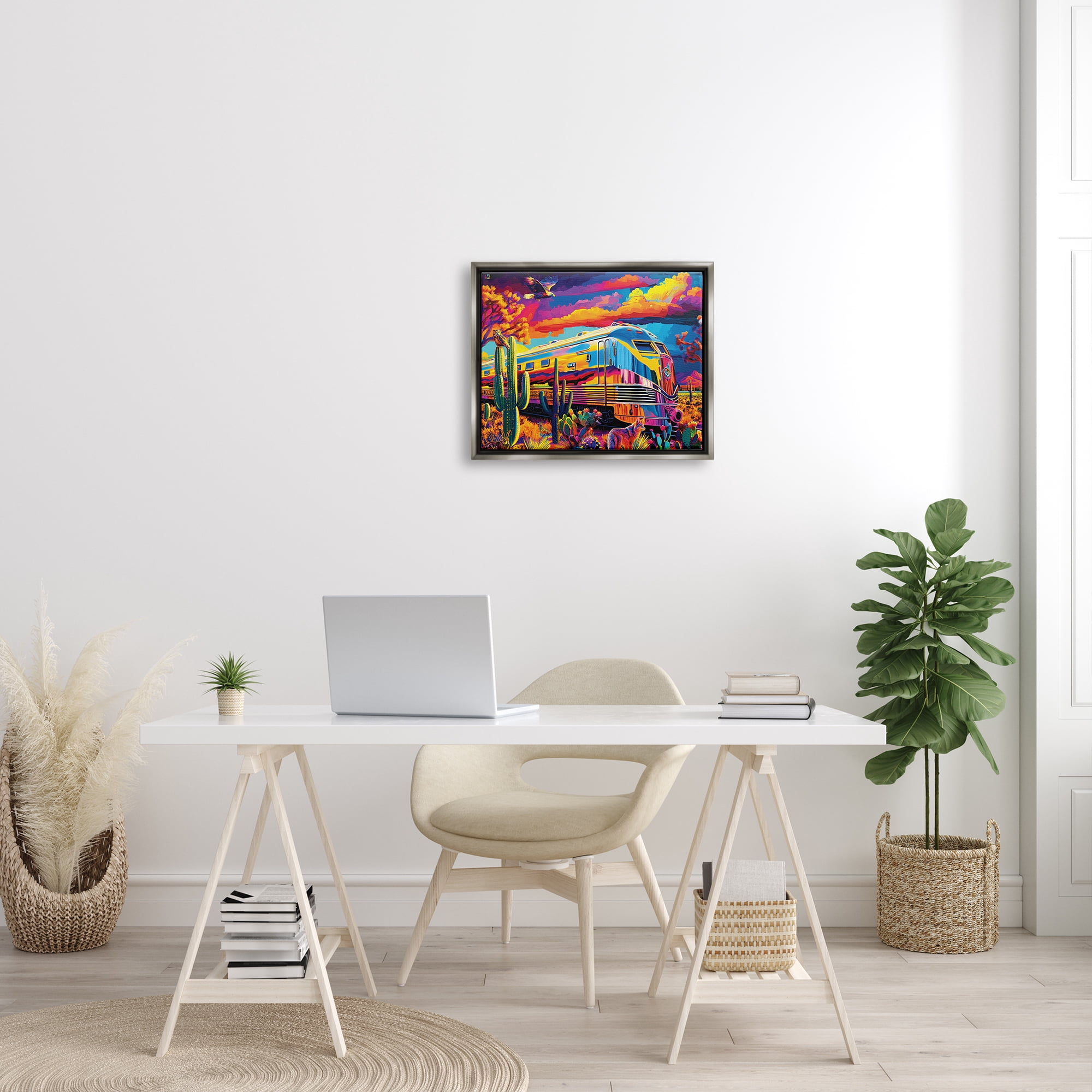 Stupell Industries Vivid Desert Train Scene Transportation Painting Gray Floater Framed Art Print Wall Art, 21 x 17