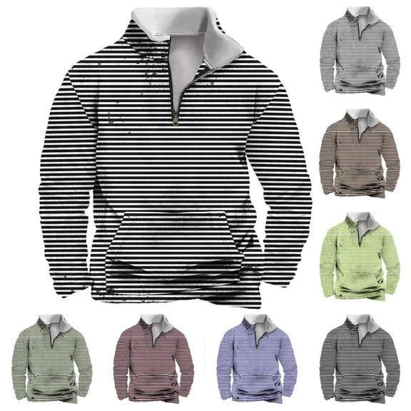 DODADAWANJ Quarter Zip Pullover for Men Stripe Print Stand Collar Hoodies Big and Tall with Pocket Sweatshirt for Leisure Daily Workout L