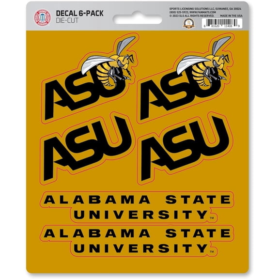 Alabama State University Hornets 6-Piece Decal Sticker Set, 5x6 Inch Sheet, Gift for football fans for any hard surfaces around home, automotive, personal items