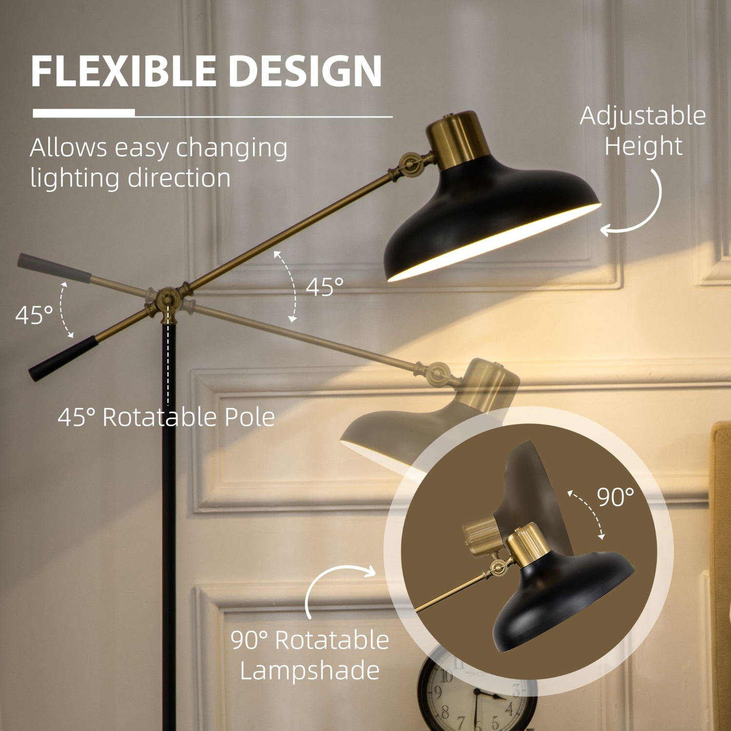 Industrial Adjustable Floor Lamp with Balance Arm - Black and Gold 48.75"-65" Height for Living Room Reading