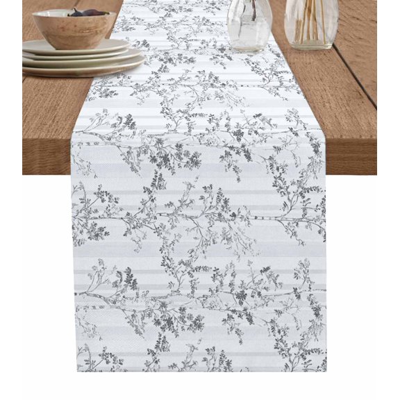 Hokiten Table Runners 48 Inches Long Dress Scarves, Grey Branches Forest Farmhouse Kitchen/Dining Table Runner, Short Coffee Tablerunners, Gray Leaves Striped 13x48 Inch