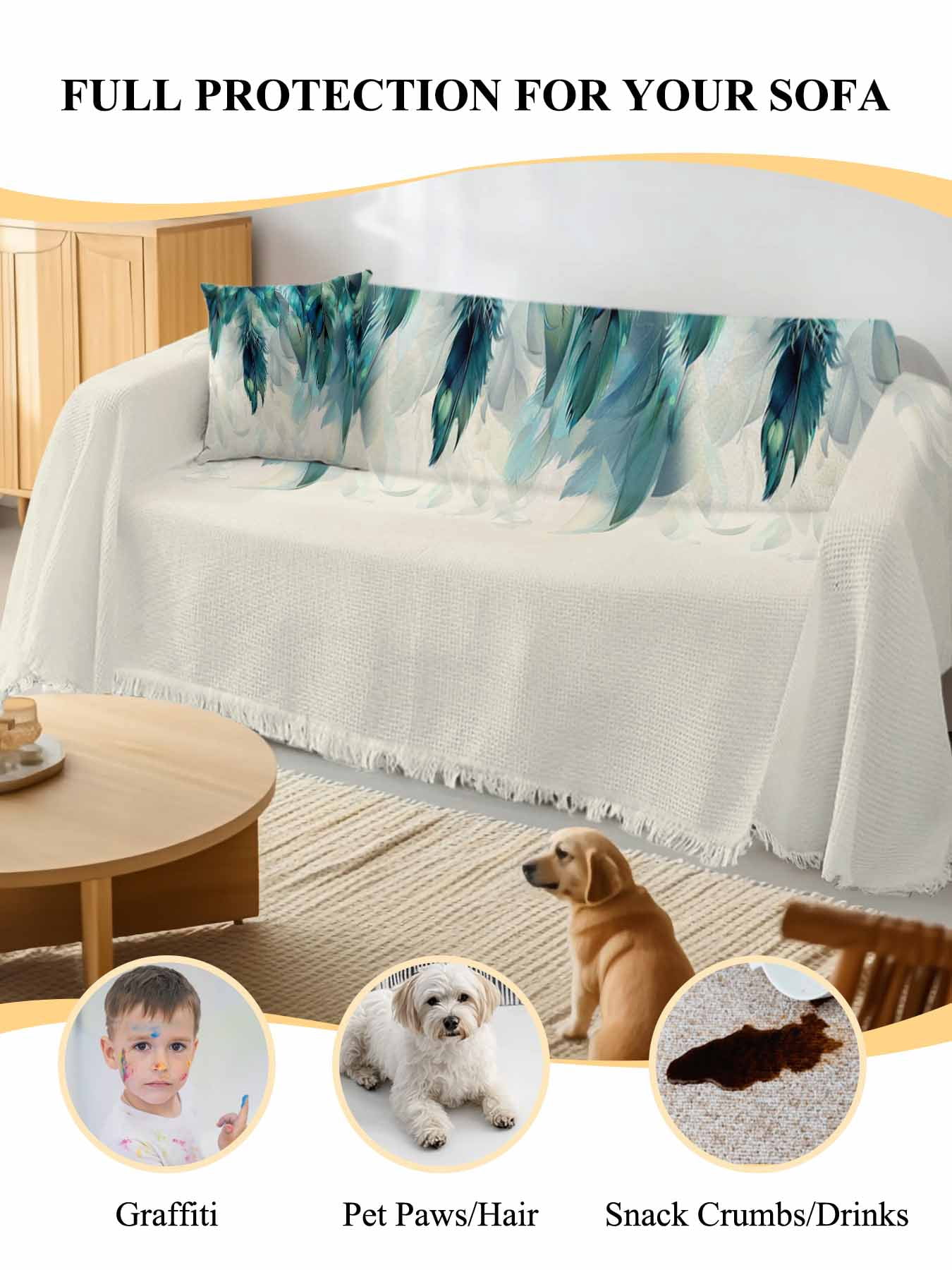 Teal Feather Couch Cover, Farmhouse Feather Art Teal Ombre Sofa Cover Blanket for Loveseat Couches, Sectional Sofa Slipcover Furniture Protector for Living Room Bedroom 71''x118''