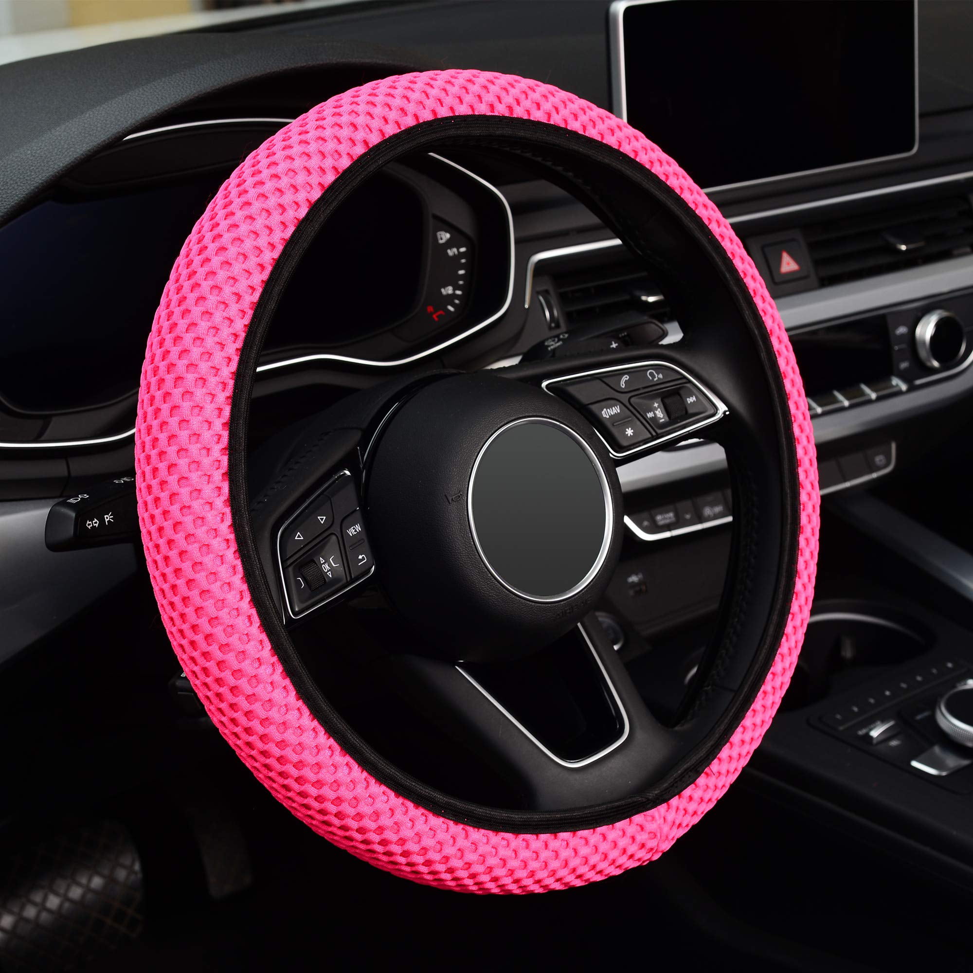 KAFEEK Steering Wheel Cover for Women,Warm in Winter and Cool in Summer, Universal  15 inch, Microfiber Breathable Ice Silk, Anti-Slip, Odorless, Easy Carry,  Pink