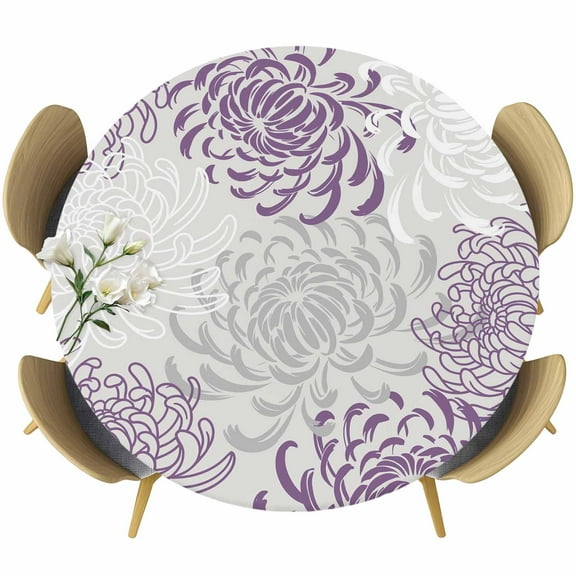 Purple Flower Chrysanthemum Fitted Round Tablecloths Elastic Edged Table Covers 55"-60",Waterproof Table Cloth for Kitchen Holiday Party Tables Decor