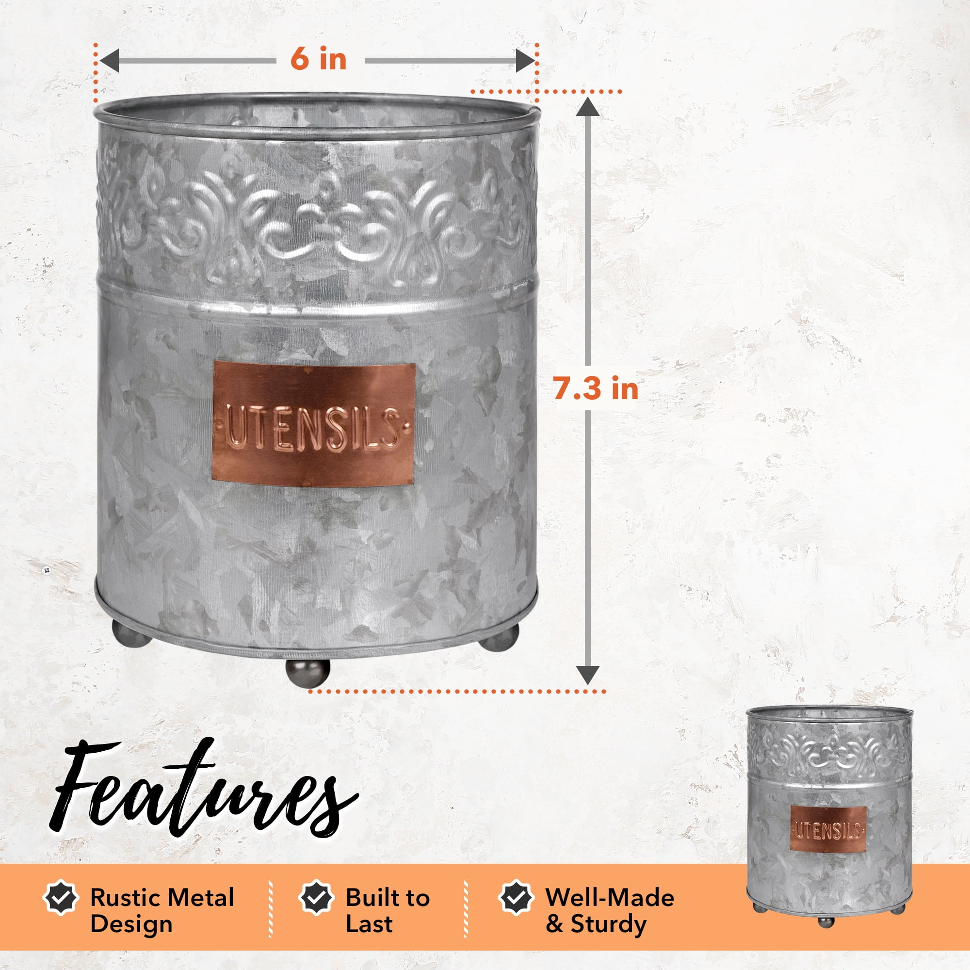 Autumn Alley Galvanized Round Utensil Holder with Embossed Copper Label