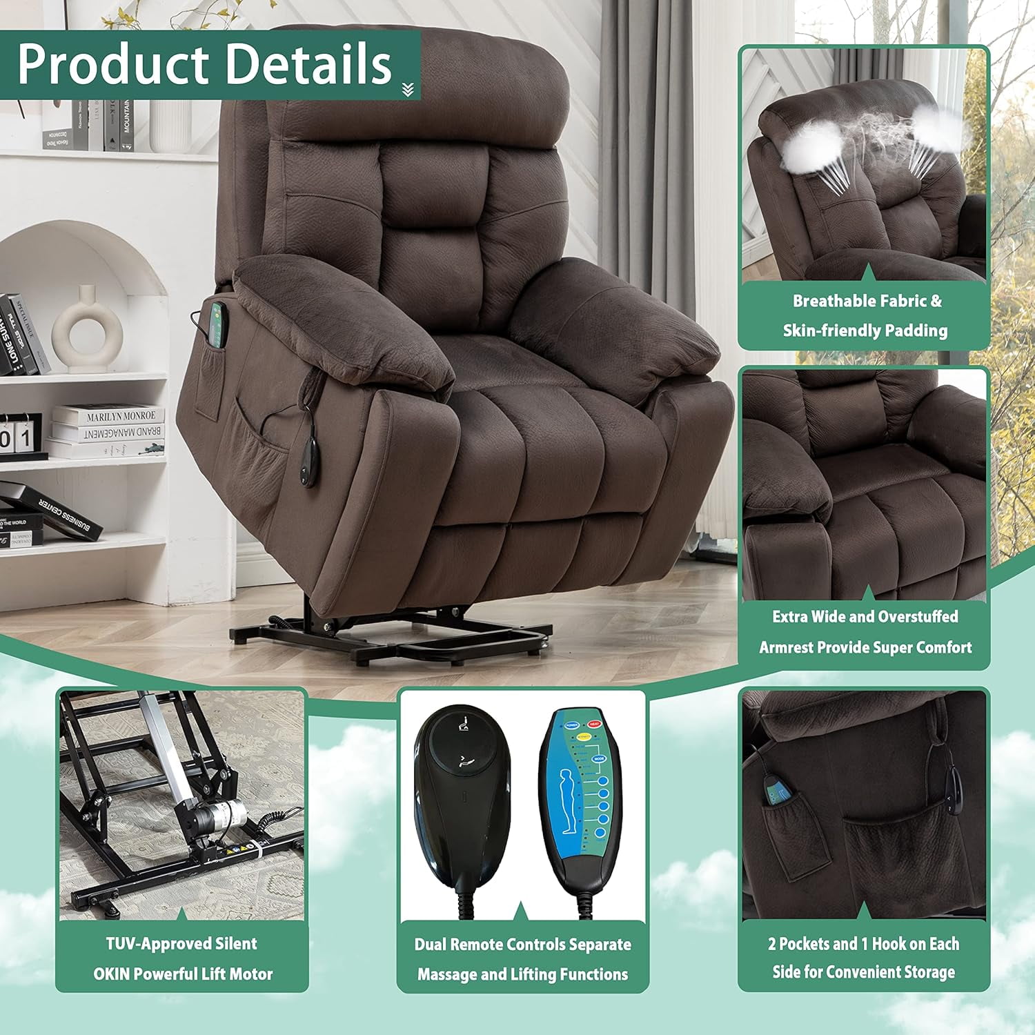 Lift Recliner for Big and Tall Seniors, Lift Chair with Heat and Vibration Massage, 2 Side Pockets, 2 Cup Holder, 2 Remote, OKIN Motor