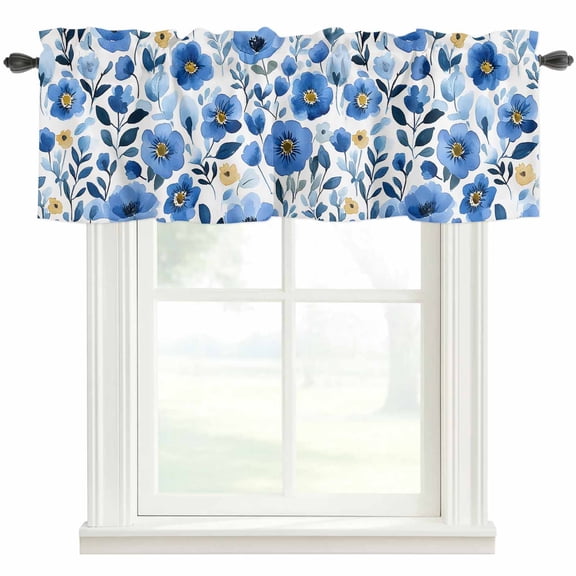 Blue Flowers Valances for Windows Summer Watercolor Rod Pocket Curtain Valance Window Treatment Short Curtains for Kitchen Living Room, 54"x18"