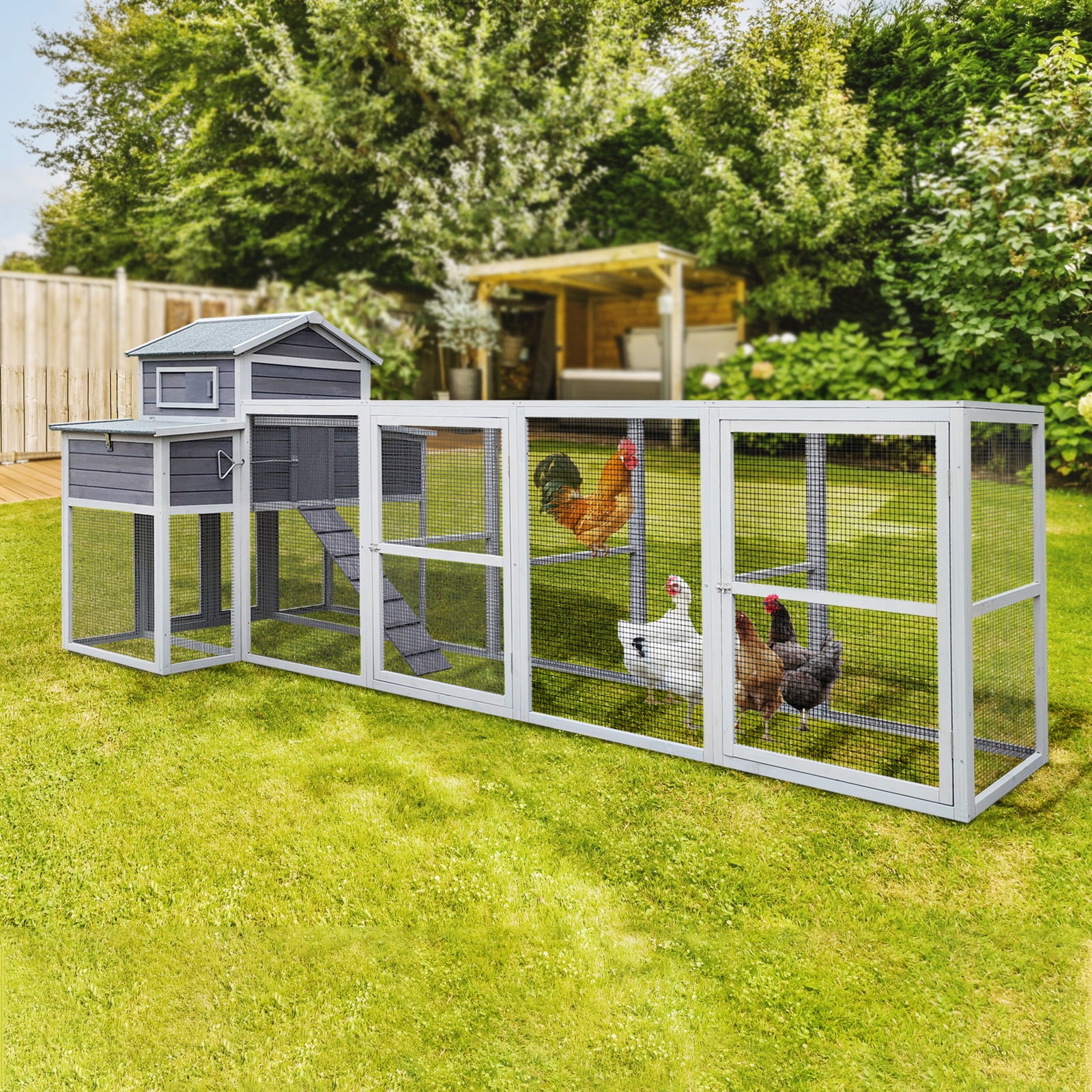 MAYEERTY 150'' Extra Large Wooden Chicken Coop, 2 Nesting Boxes 5 Perches Rust-Proof Metal Wire Cage