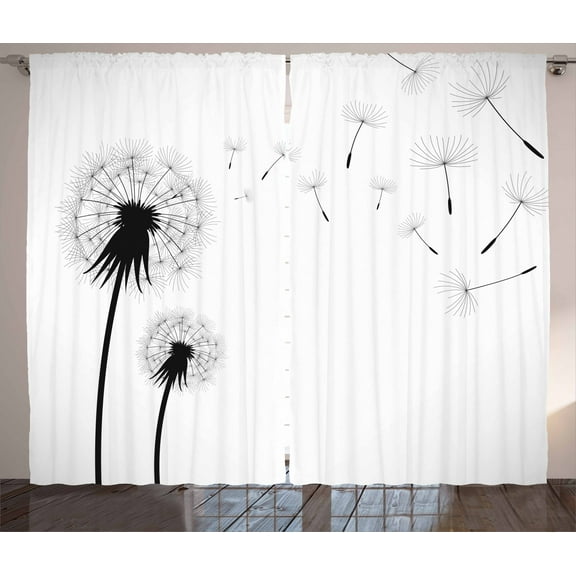 Ambesonne Dandelion Curtains 2 Panel Set, Blowing Away Floral, 108" x 63", Black White