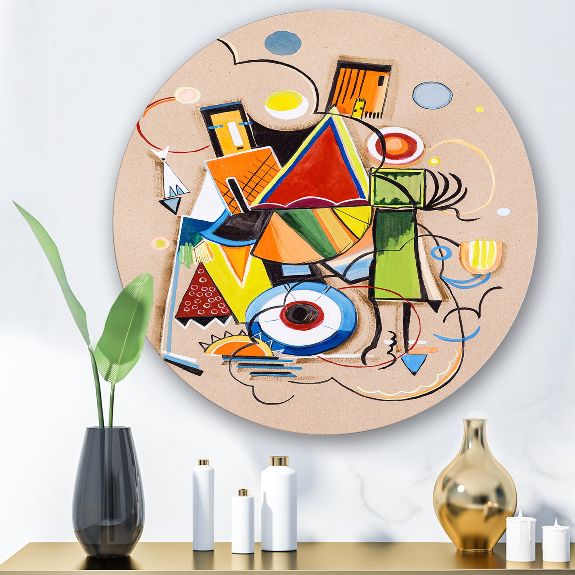 Designart 'Abstract Compositions Of Colored Geometric I' Modern Circle Metal Wall Art 23x23 - Disc of 23