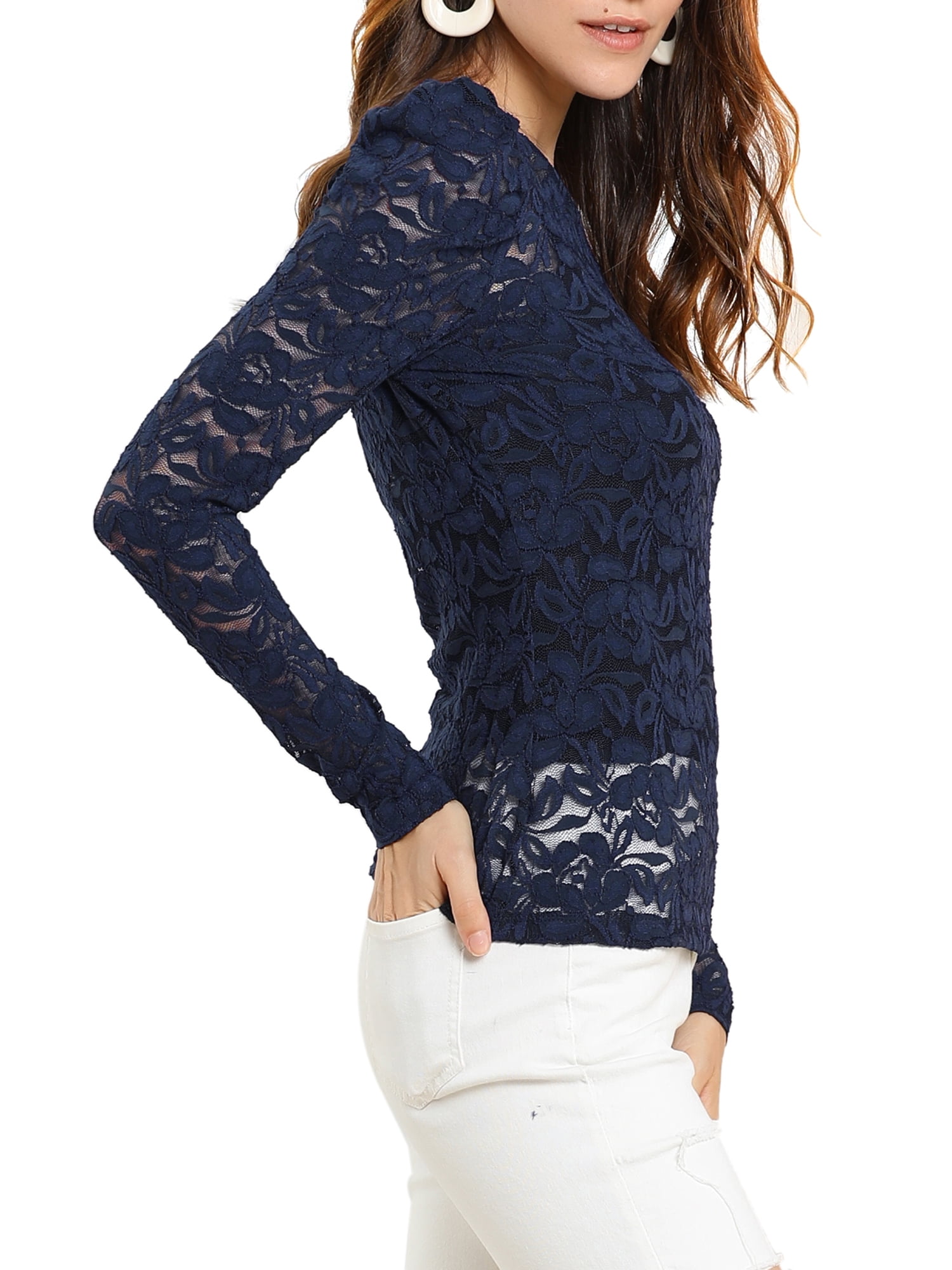 DARING DIVA Semi Sheer Puff Sleeve Vintage Top S Dark Blue