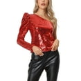 thumbnail image 1 of INSPIRAR CHIC Blusa de Mujer con Lentejuelas de Un Hombro, Manga Puff, para Fiesta de Cóctel, Brillante y Destellante, Color Rojo M, 1 of 5