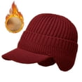 thumbnail image 1 of Gorro de invierno para hombre con visera y orejeras, tejido grueso con forro de felpa y calaveras, resistente al viento, color vino tinto, 1 of 6