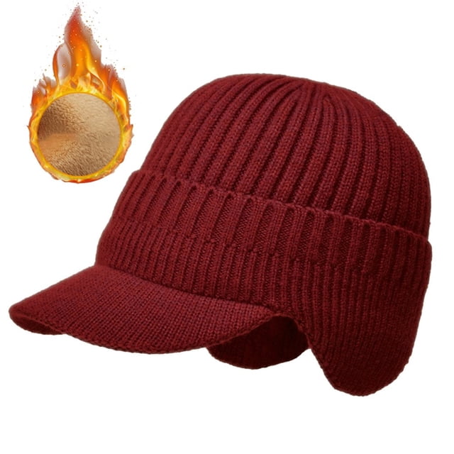 Gorro de invierno para hombre con visera y orejeras, tejido grueso con forro de felpa y calaveras, resistente al viento, color vino tinto
