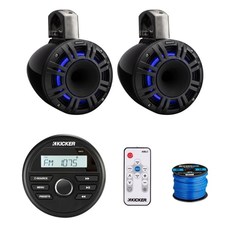 Kicker 46KMC2 Marine Gauge Style USB Bluetooth AM/FM Stereo Media Center Receiver 2x 8 500 Watt Peak Multicolor LED Horn-Loaded (HLCD) Tower Speakers (Black) with LED Remote 50 Feet Wire