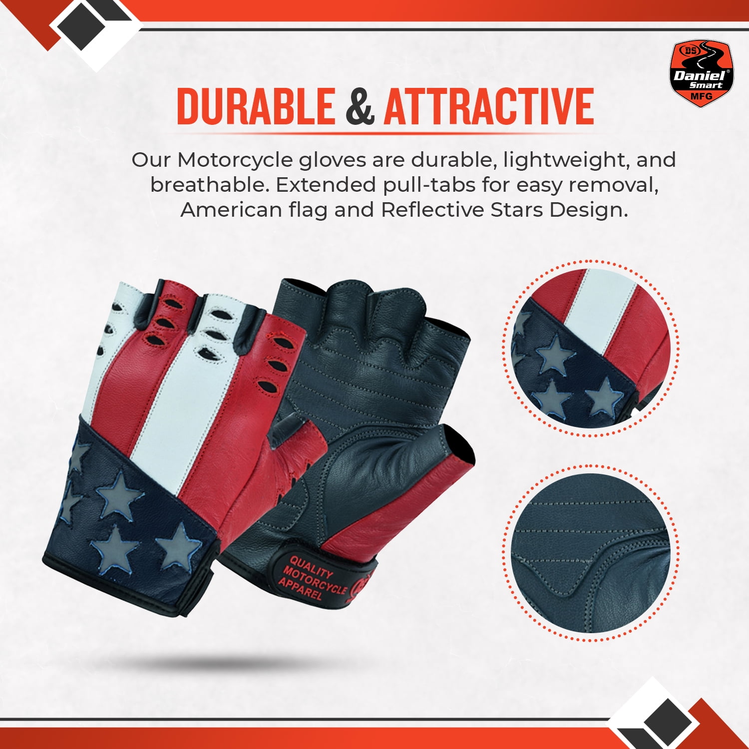 Daniel Smart Goatskin Leather Motorcycle Gloves for Men Fingerless Biker Gloves with American Flag and Reflective Star Design