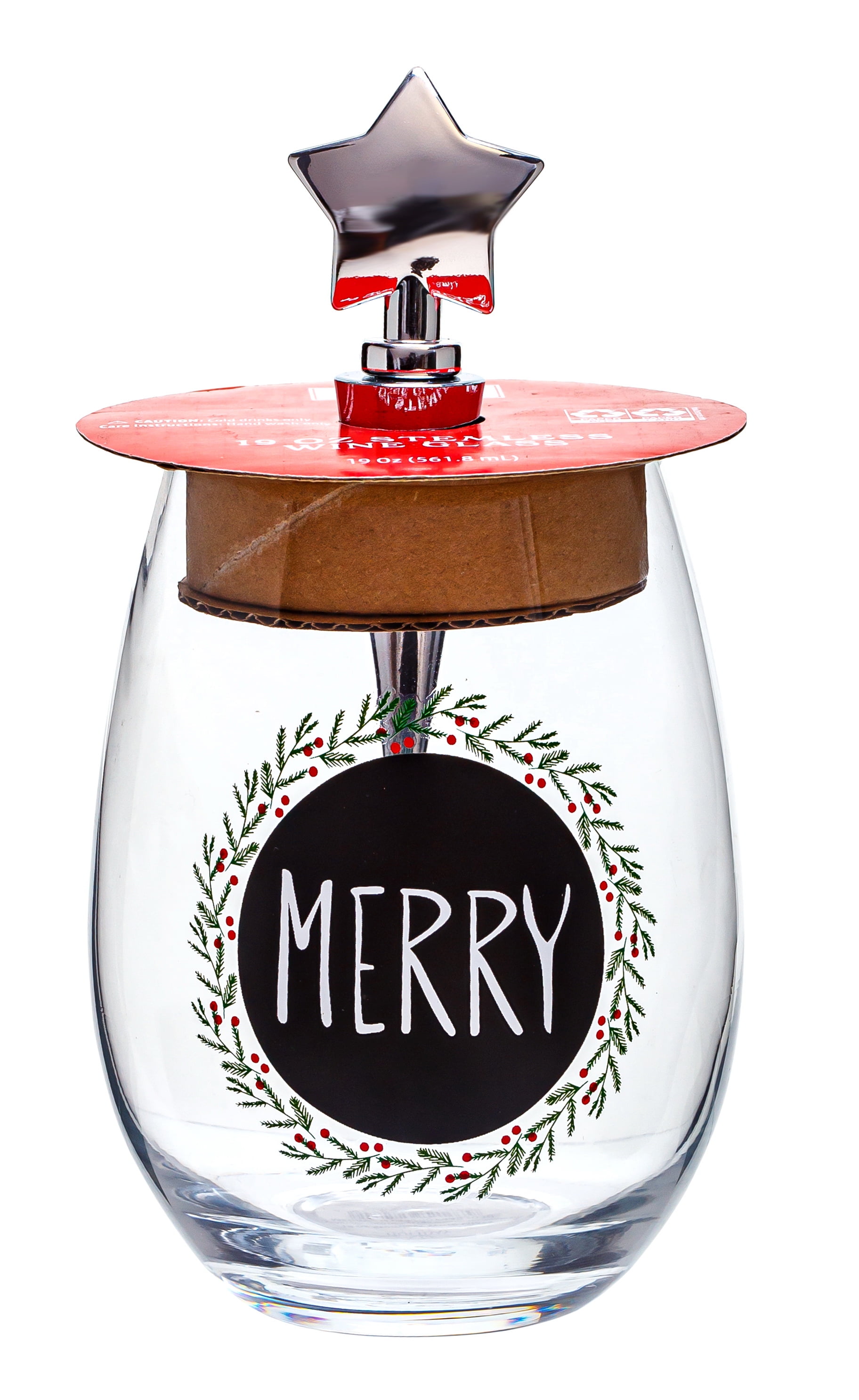 Holiday Time 19oz Merry Garland Stemless Wine Glass with Silver Star-Top Bottle Stopper
